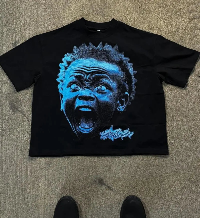 Maxct American Fashion Goth Big Head Cartoon Print Oversized T-Shirt Men's Y2K Street Hip-Hop Harajuku Loose Casual Couple Clothes