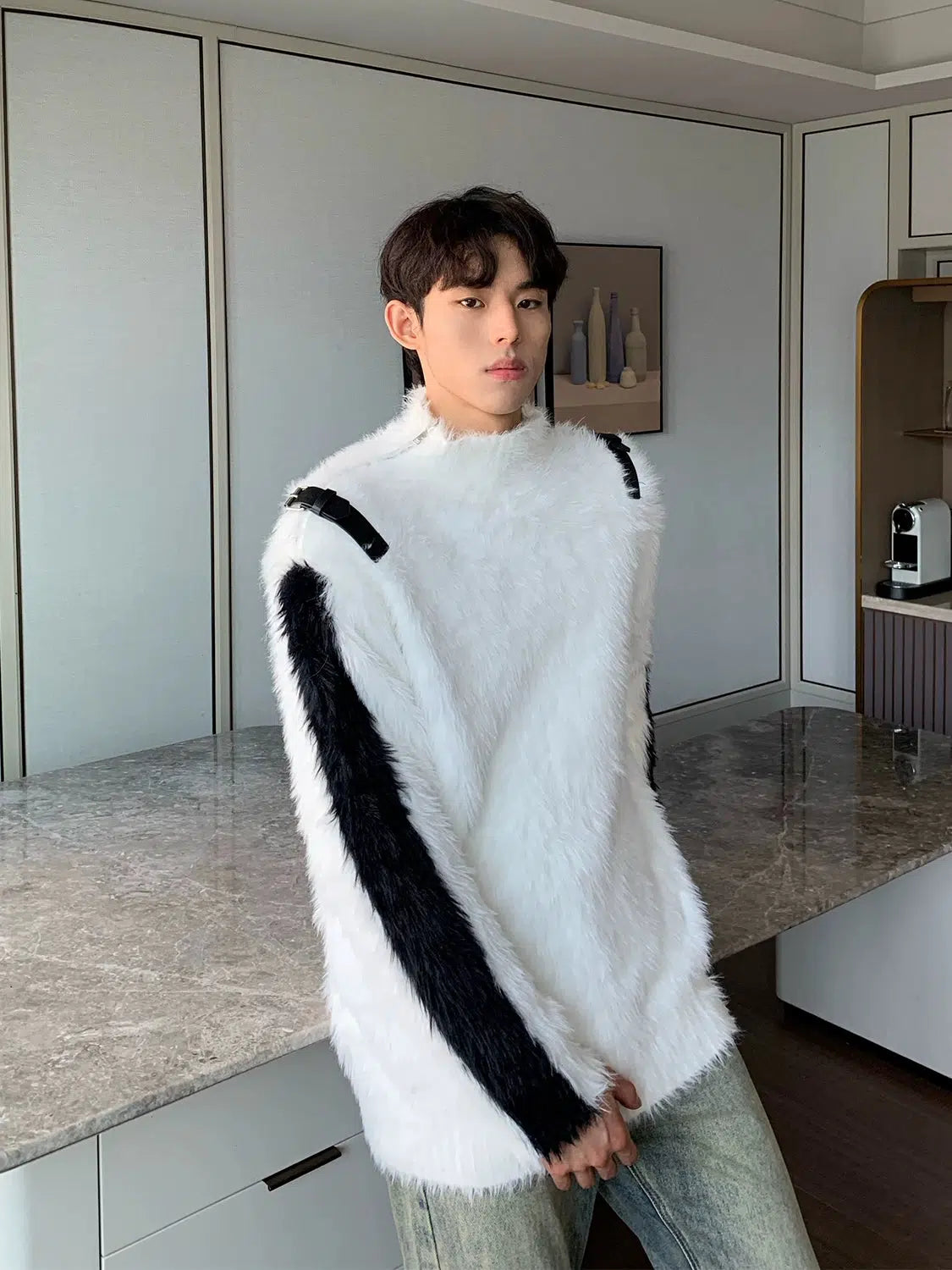 Maxct Colorblock Stand-up Collar Faux Mink Sweater