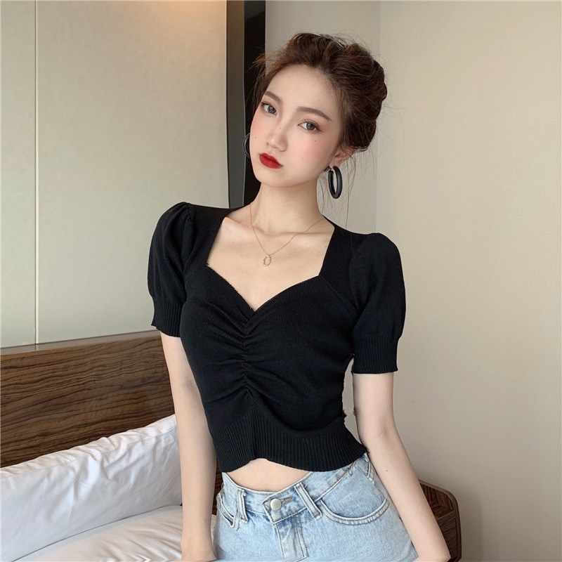 Maxct Puff Short Sleeve V-neck Knitted T-shirts Girls Solid Stretchy Crop Tops Thin Knitwear For Women