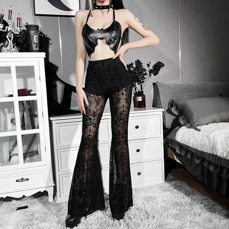 Maxct Women's Gothic Halloween Lace Spliced Flare Pants