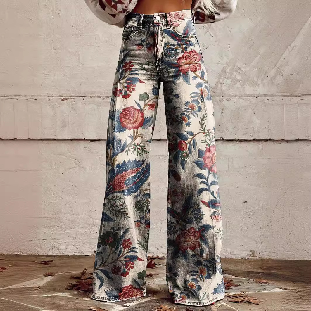 Maxct fall fits plus Size Women's Casual Pants Thin Imitation Jeans Wide Leg 3D Trendy Women's Pants