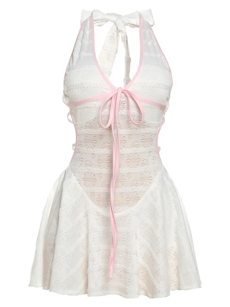 Classic Y2K Backless Dress See Through Pink Shirring Sleeveless Stretch Chic Midnight Mini Bodycon