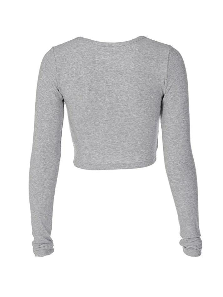 Maxct-Solid Color Breasted Crop Long Sleeve Shirt