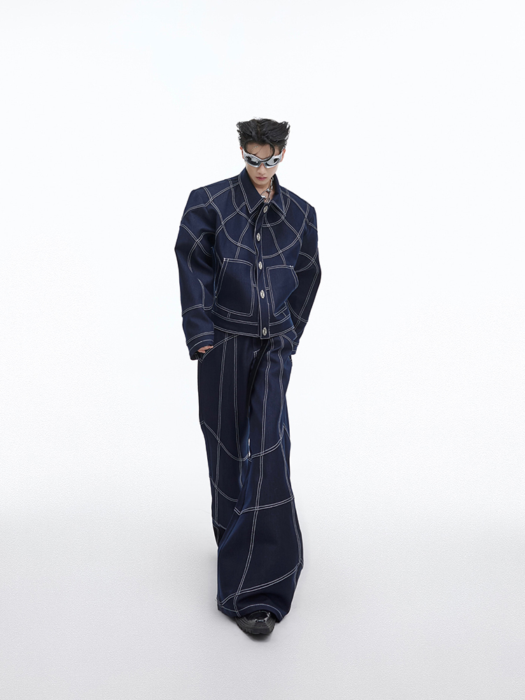 Oversize Stitch Denim Jacket & Wide-leg Stitch Denim Jeans Setup NA676