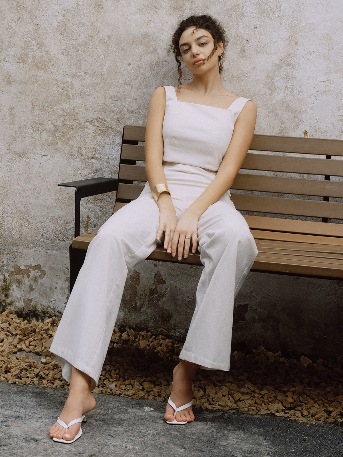 Maxct Cotton & Linen Button Decor Tank Top With Straight Leg Pants Set