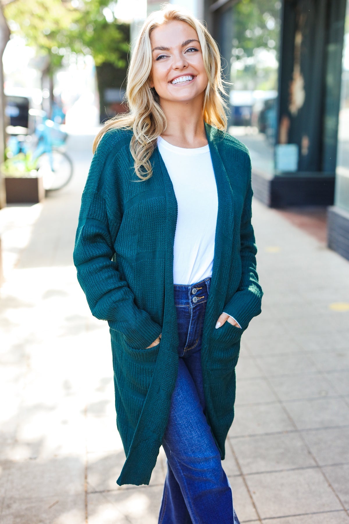 Maxct &Everyday Hunter Green Striped Knit Open Cardigan