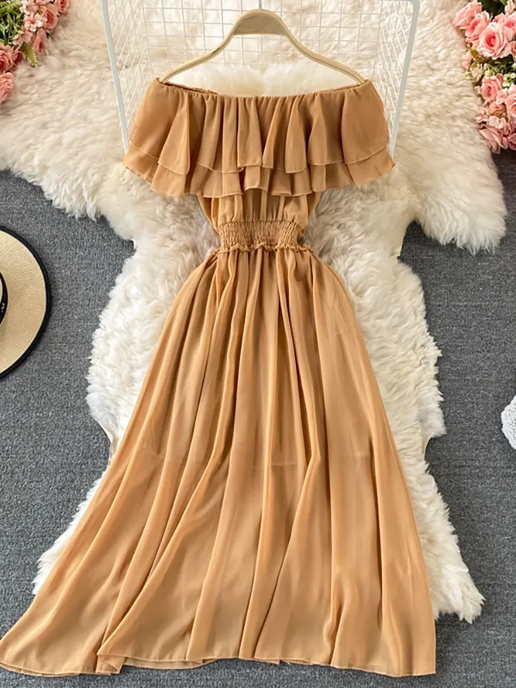 Maxct Chiffon Dress Women Sexy Slash Neck Ruffle Robe Elegant Ruffle High Waist Vestidos Female Beach Vacation New