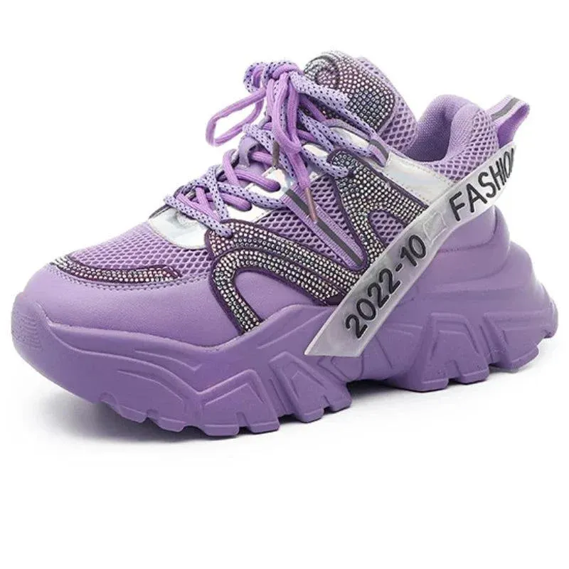 6cm Air Mesh Leather Bling Chunky Sneakers Maxct