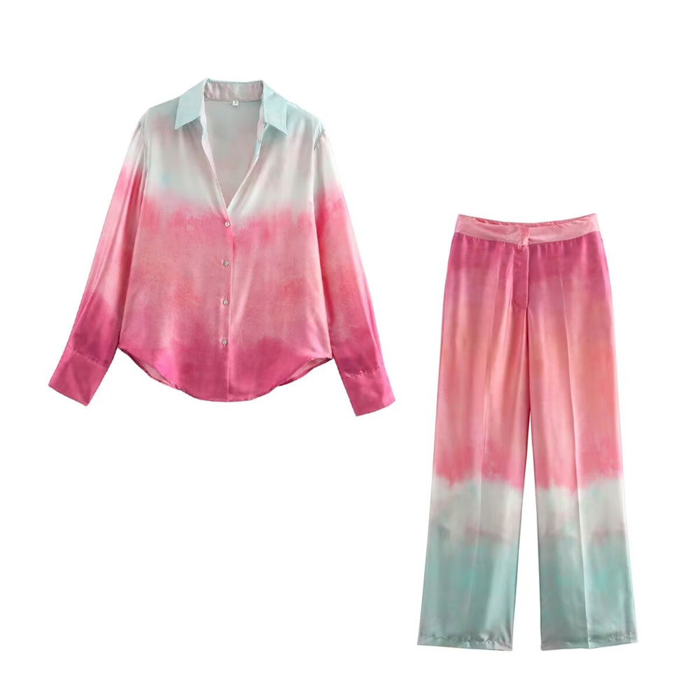 Maxct Autumn New Product Women's Fashion Silk Texture Tie Dyeing Printed Shirt High Waist Wide Leg Pants Set