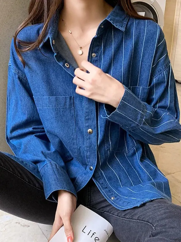 Maxct Vintage Striped Splice Denim Blouses&Shirts