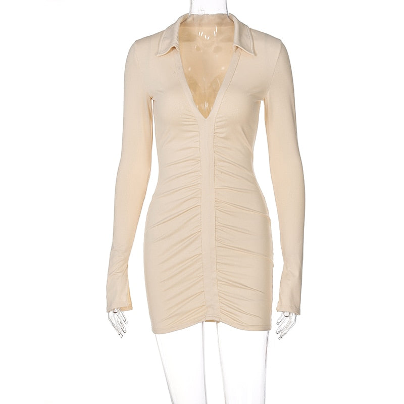 Voguable Solid Pleated Polo Neck Long Sleeves Mini Dress Streetwear Y2K Elegant Wear Maxct