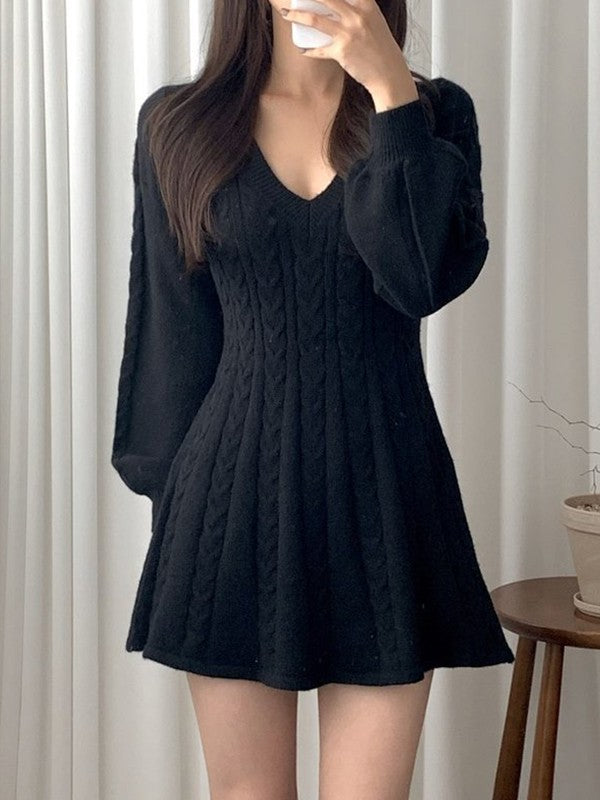 V Neck Cable Knit Long Sleeve Mini Dress Maxct