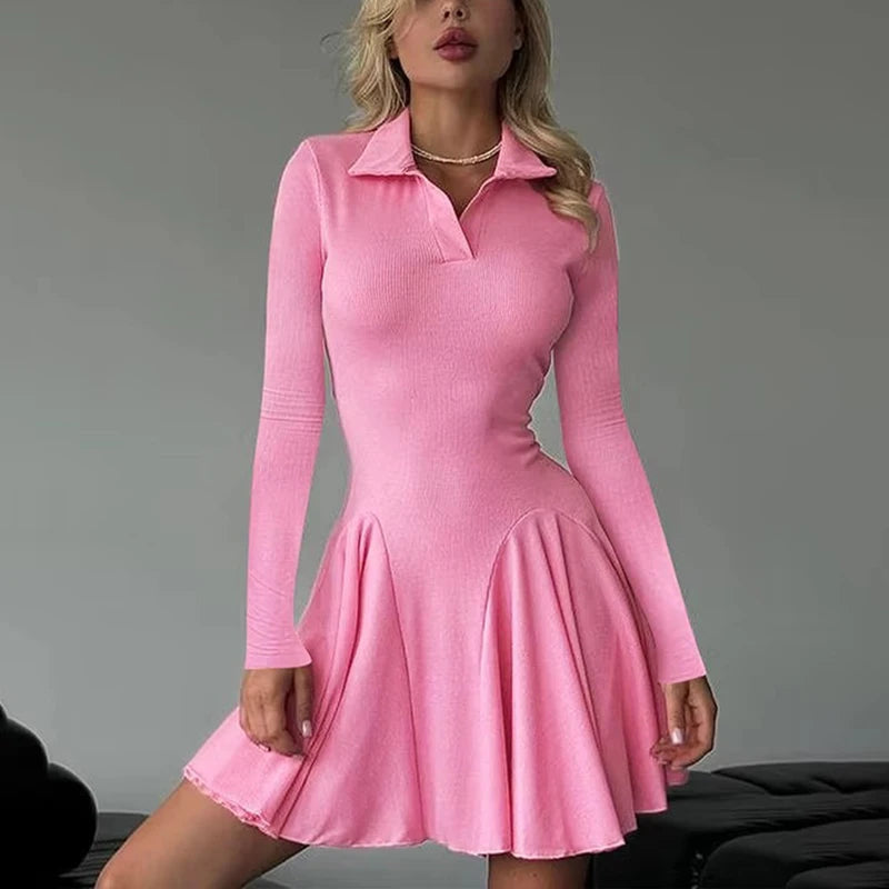 Maxct Elegant Slim Folds Mini Dress Female Slinky Waist Shirt POLO Collar Dress Fashion Splice Long Sleeve Party Outfits Woman