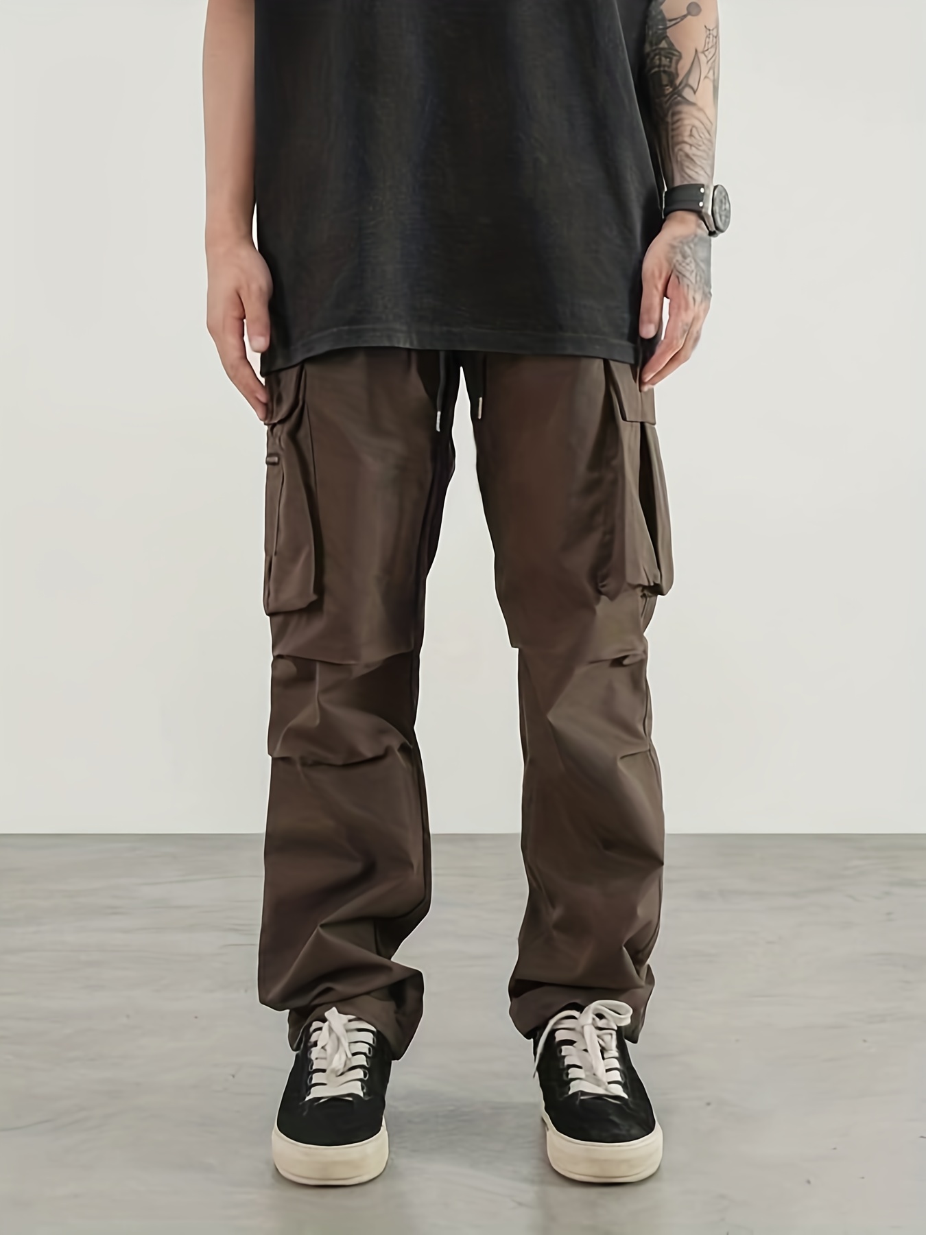 Men's Casual Cargo Pants, Regular Multi Pocket Waist Drawstring Work Pants For Outdoor Activities