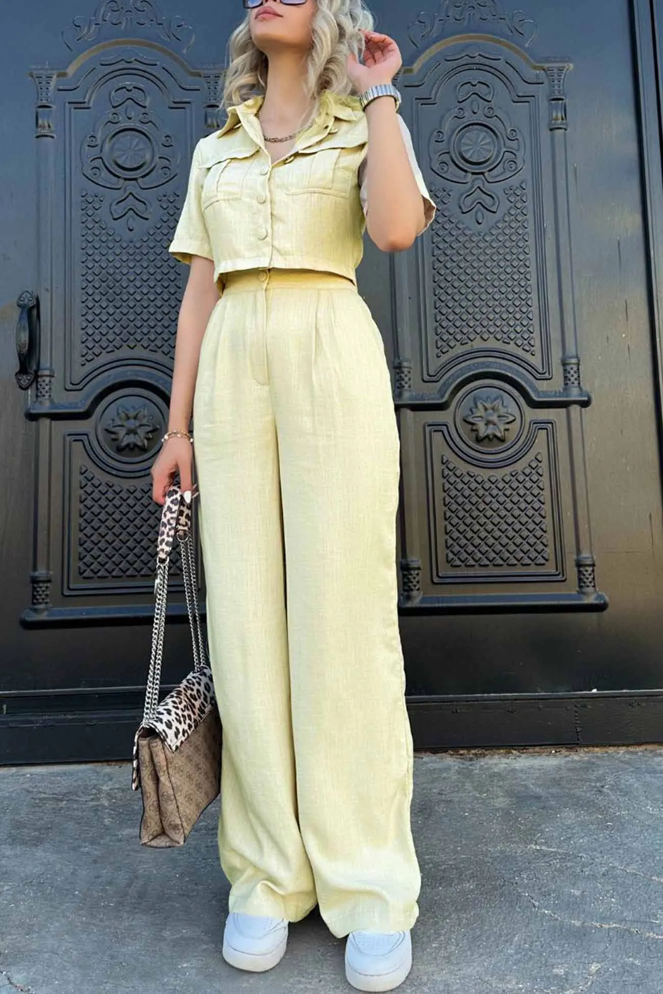 Maxct Solid Crop Blouse Long Pants Set