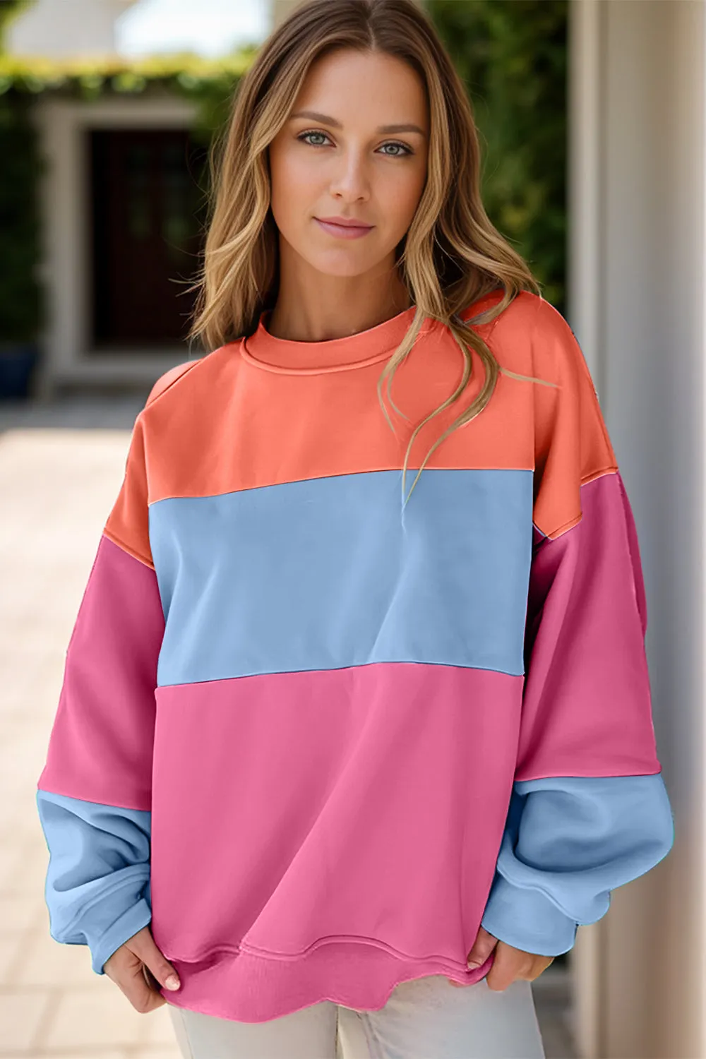 Maxct &Color Block Round Neck Long Sleeve Sweatshirt