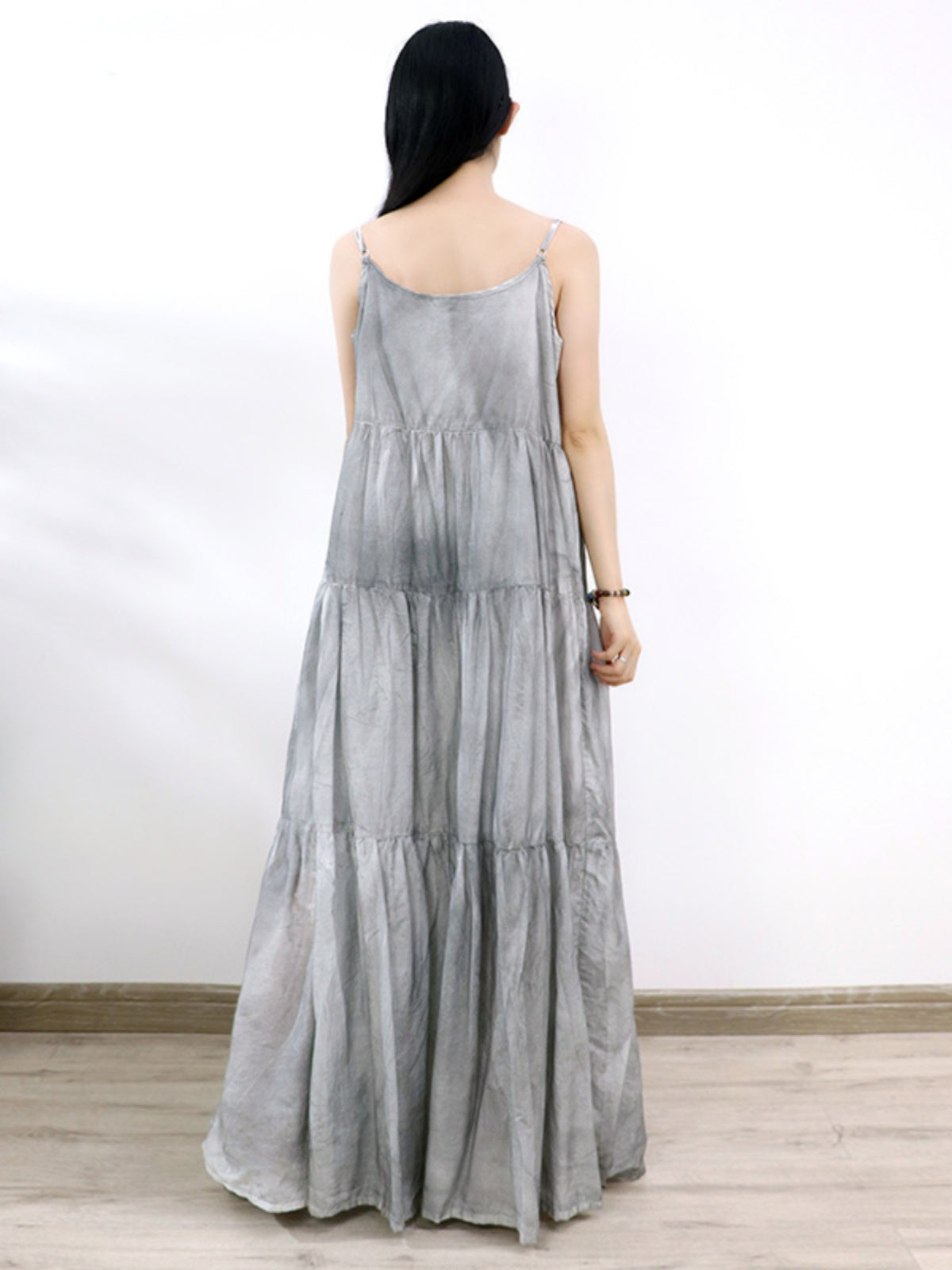 Maxct Summer Gray Tie-Dye Spaghetti Strap Wide Hemline Dress