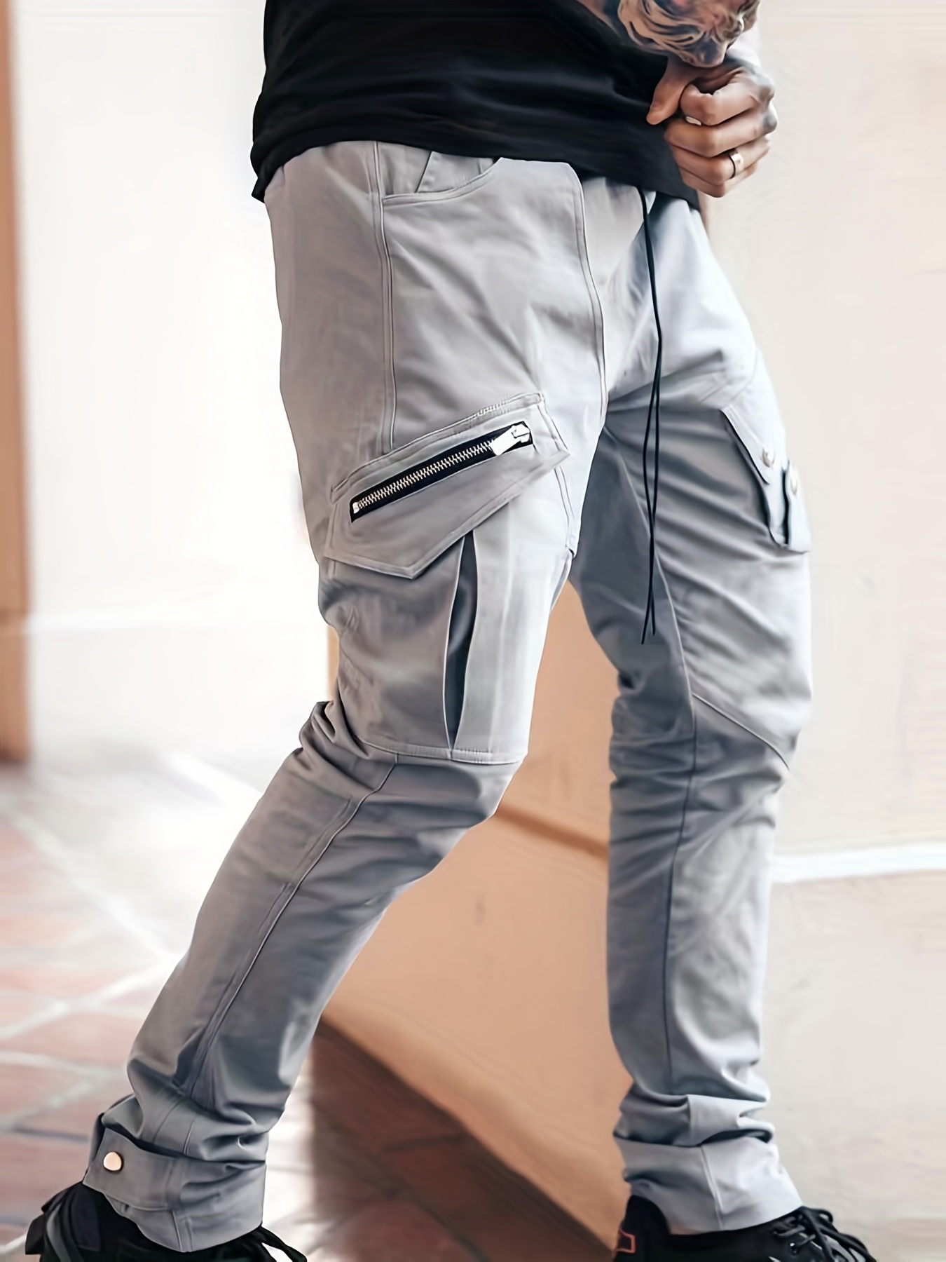 Men's Drawstring Cargo Pants, Zip Pocket Slim Fit Trendy Outdoor Pants, Mens Work Pants, Tactical Pants