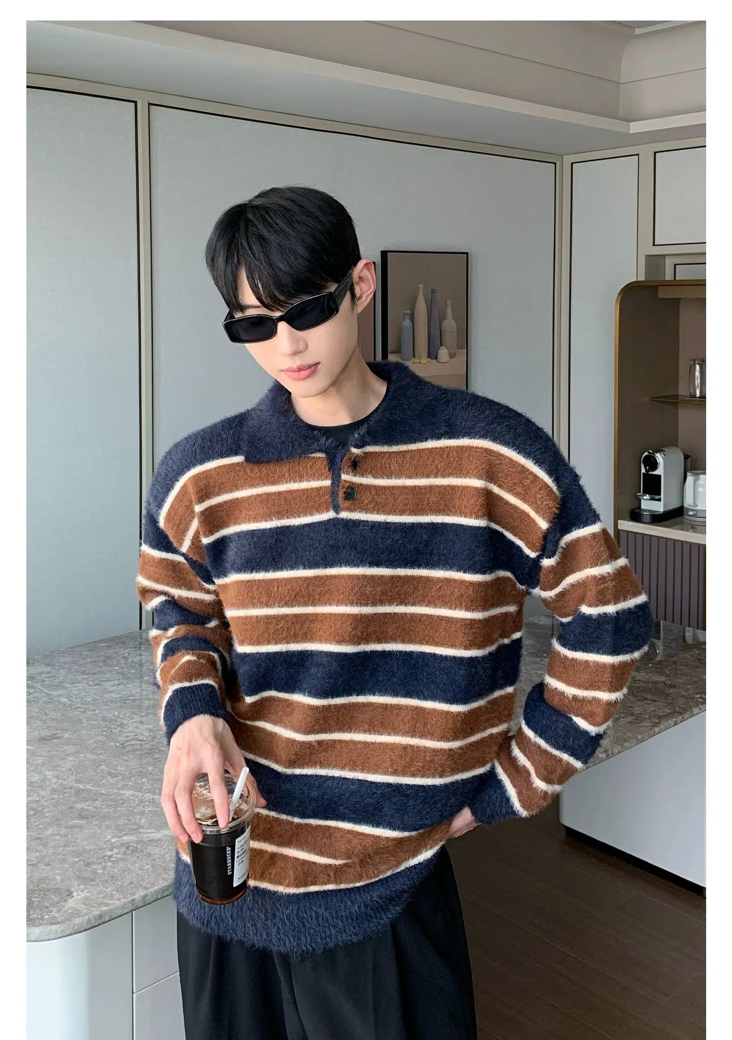 Maxct Faux Mink V-neck Striped Sweater