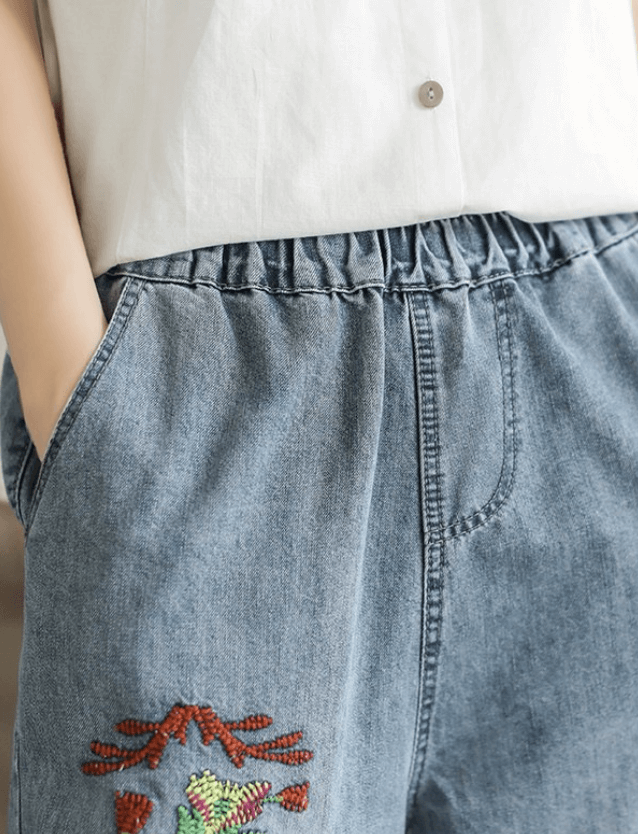 Maxct Women Autumn Art Floral Casual Denim Jeans Pants