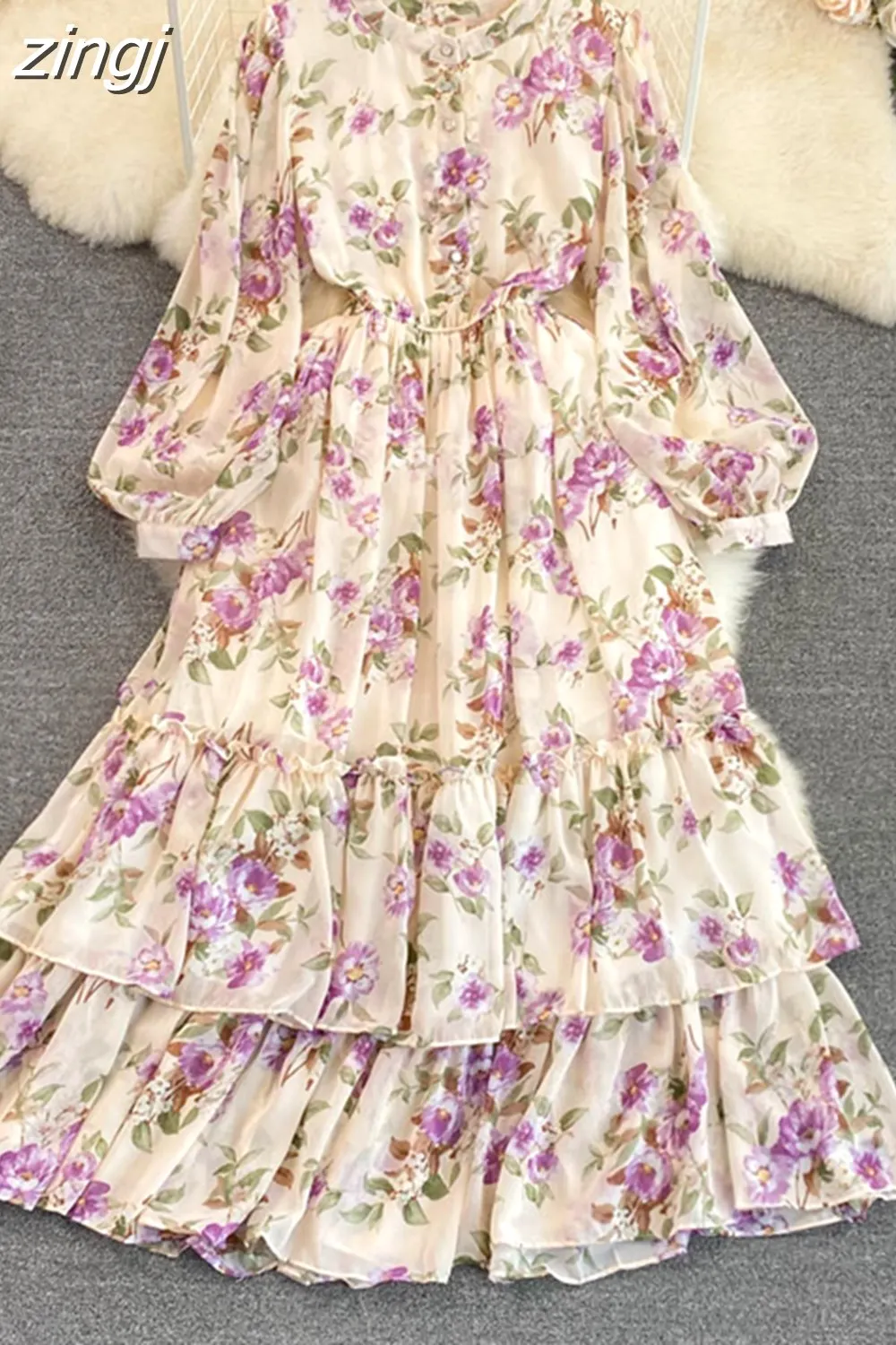 Maxct Vintage Floral Chiffon Long Dress Elegant O-Neck Puff Sleeve High Waist A-Line Ruffle Hem Vacation Beach Maxi Vestidos