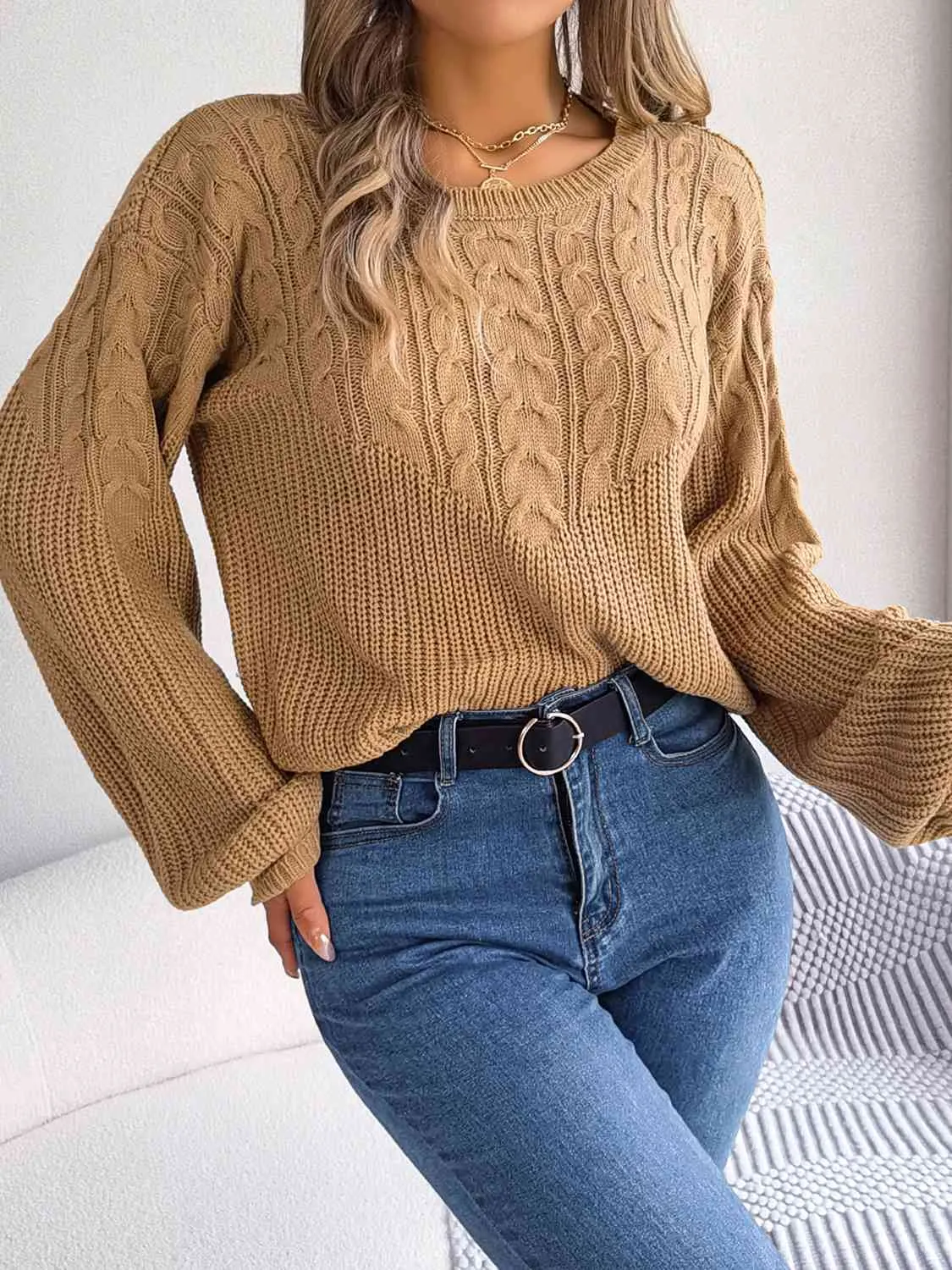 Maxct &Cable-Knit Round Neck Drop Shoulder Sweater