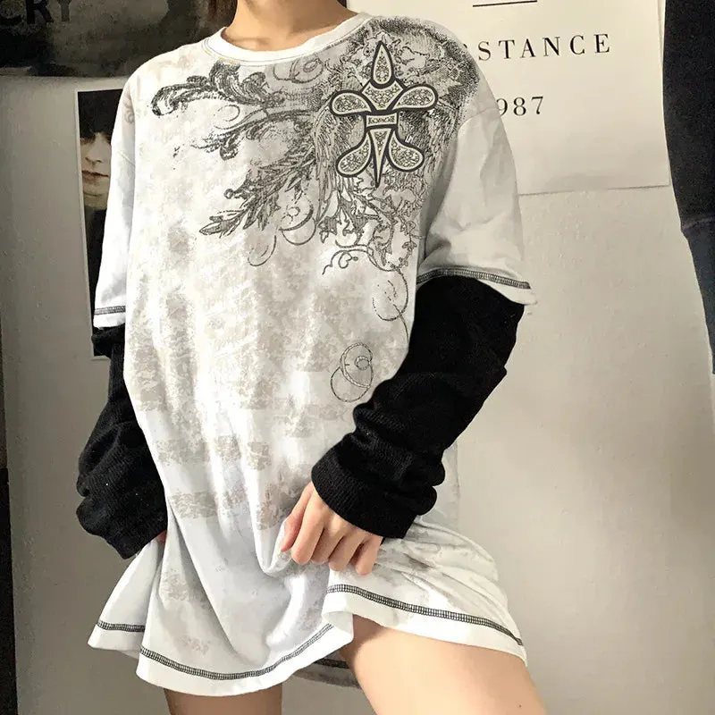 Maxct Mall Goth 2000s Retro Pullovers Tops Vintage Graphics Y2K Loose T Shirt Chic Aesthetic Autumn Long Sleeve Tees Grunge Streetwear