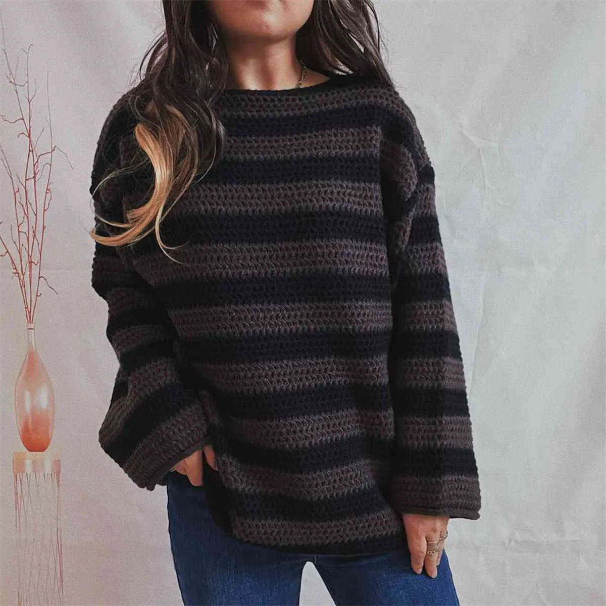 Maxct &Striped Round Neck Long Sleeve Sweater