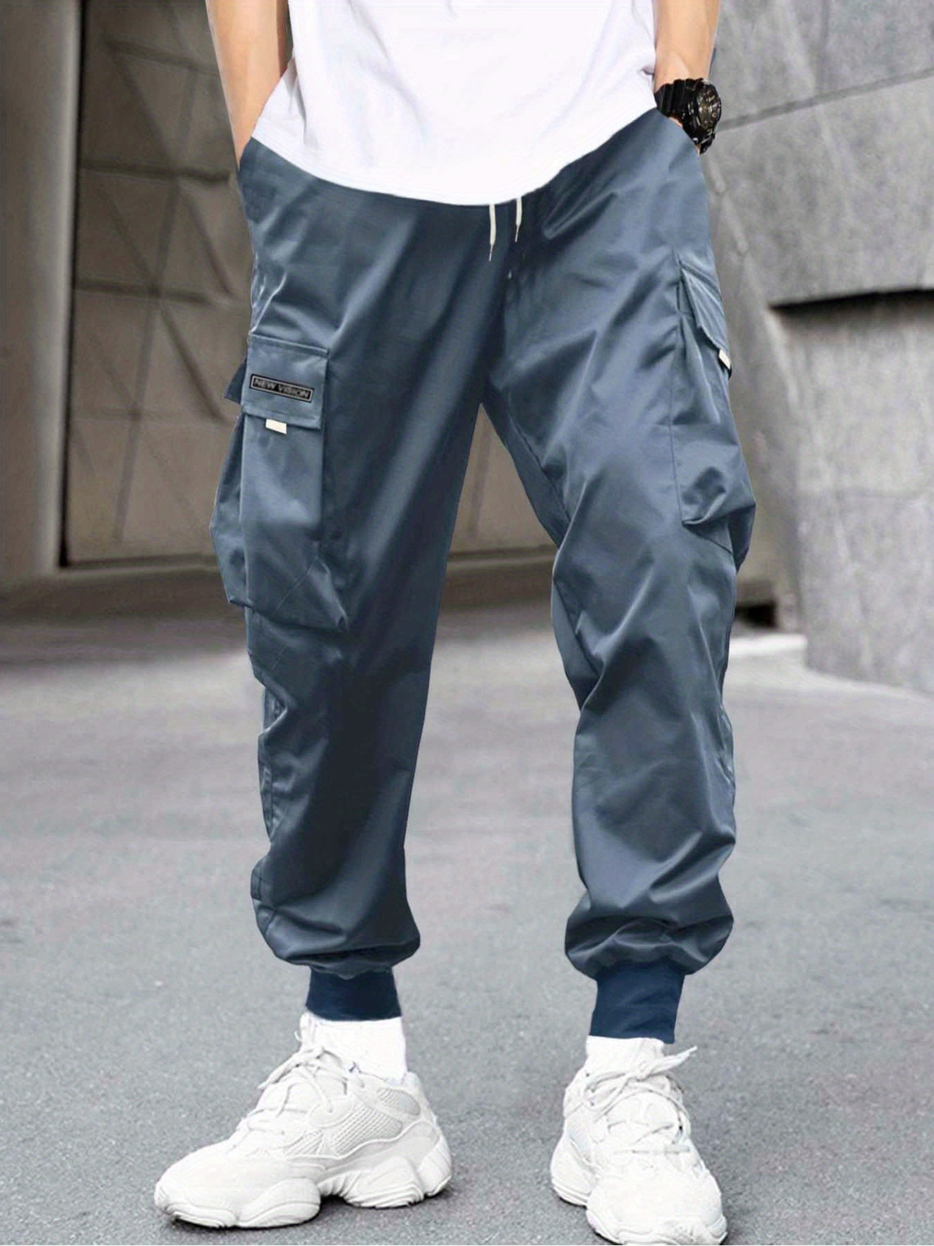 Men's Stylish Letter Graphic Cargo Pants with Flap Pockets - Drawstring Waist for Comfort