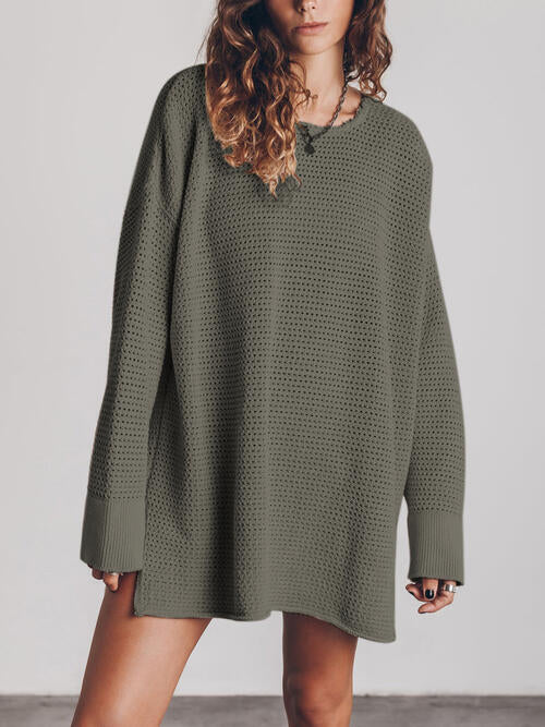 Maxct &Openwork Round Neck Long Sleeve Slit Sweater