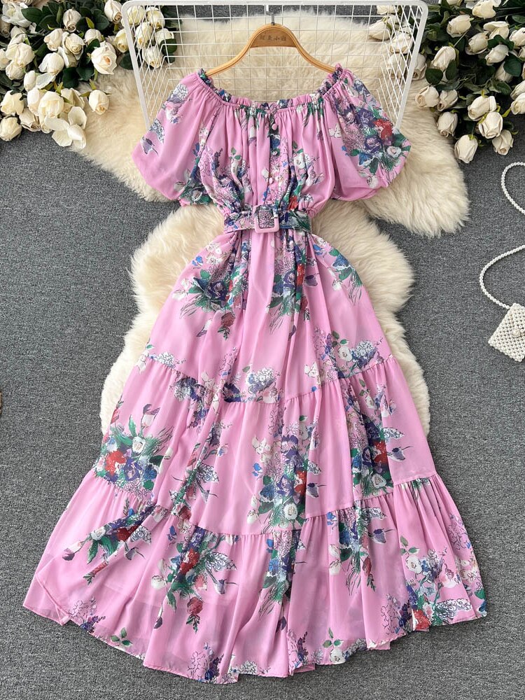Bohemian Floral Chiffon Long Dress Women Sexy Off Shoulder Ruffle Puff Short Sleeve High Waist A-Line Big Swing Vestidos