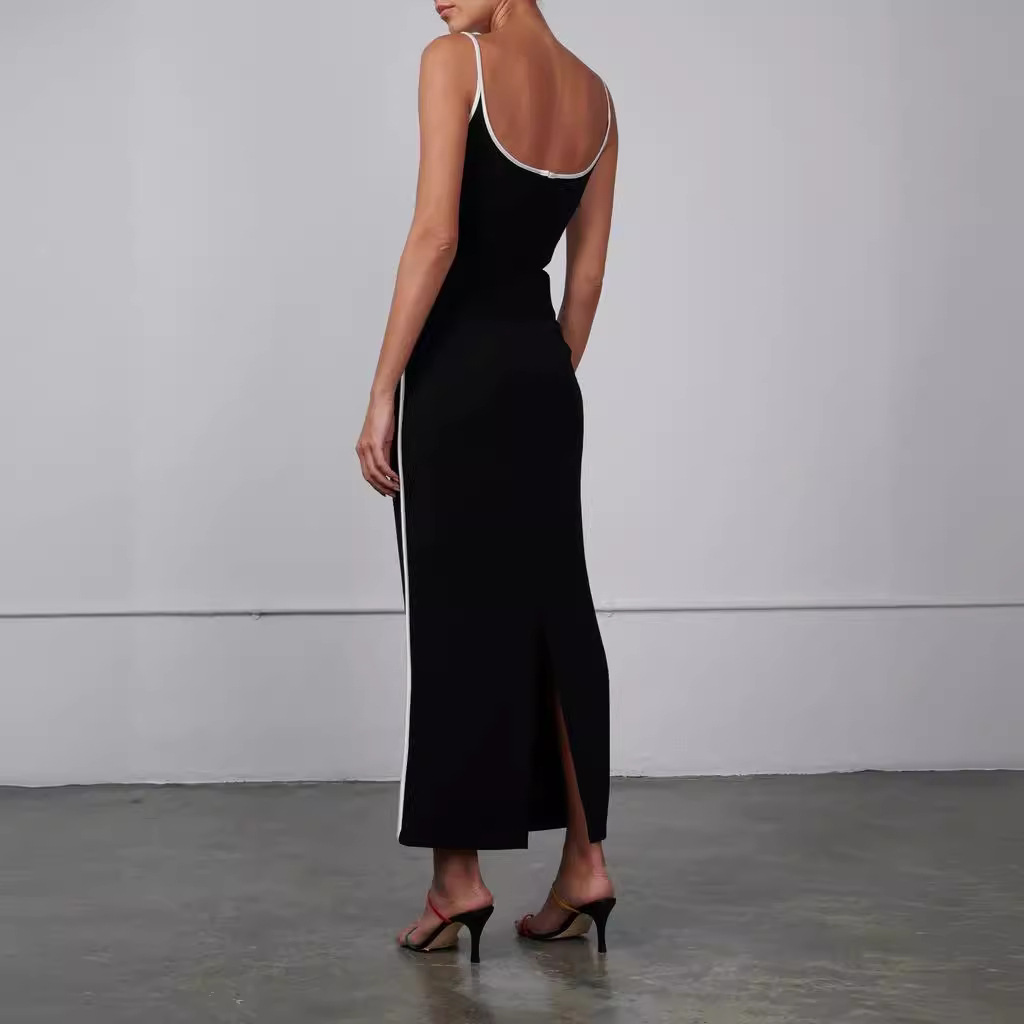 Maxct prom dresses Summer Women's Contrast Color Sling Sexy Backless Sheath Slim Fit Dress Women