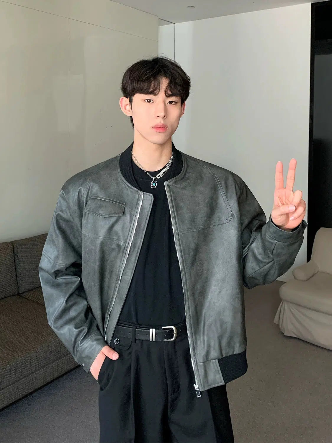 Maxct Round Neck PU Leather Jacket