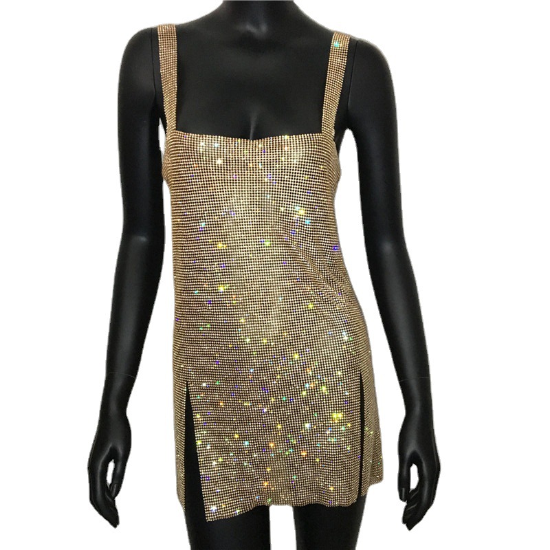 Maxct cybergoth dress to impress Fashion Women's Sexy Low Cut Rhinestone Dress Hot Girl Short Skirt Metal Suspender Dress Gown