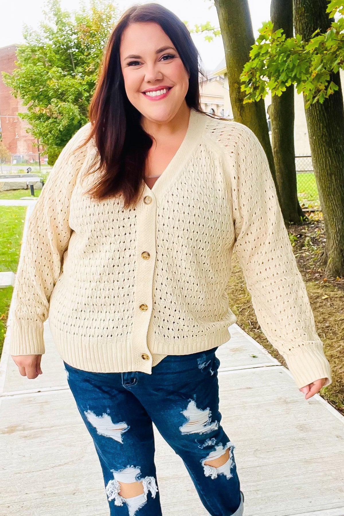 Maxct &Follow Me Oatmeal Pointelle Knit Button Down Cardigan