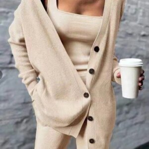 Maxct Knitted Vest Cardigan Long Pants Three-piece Set