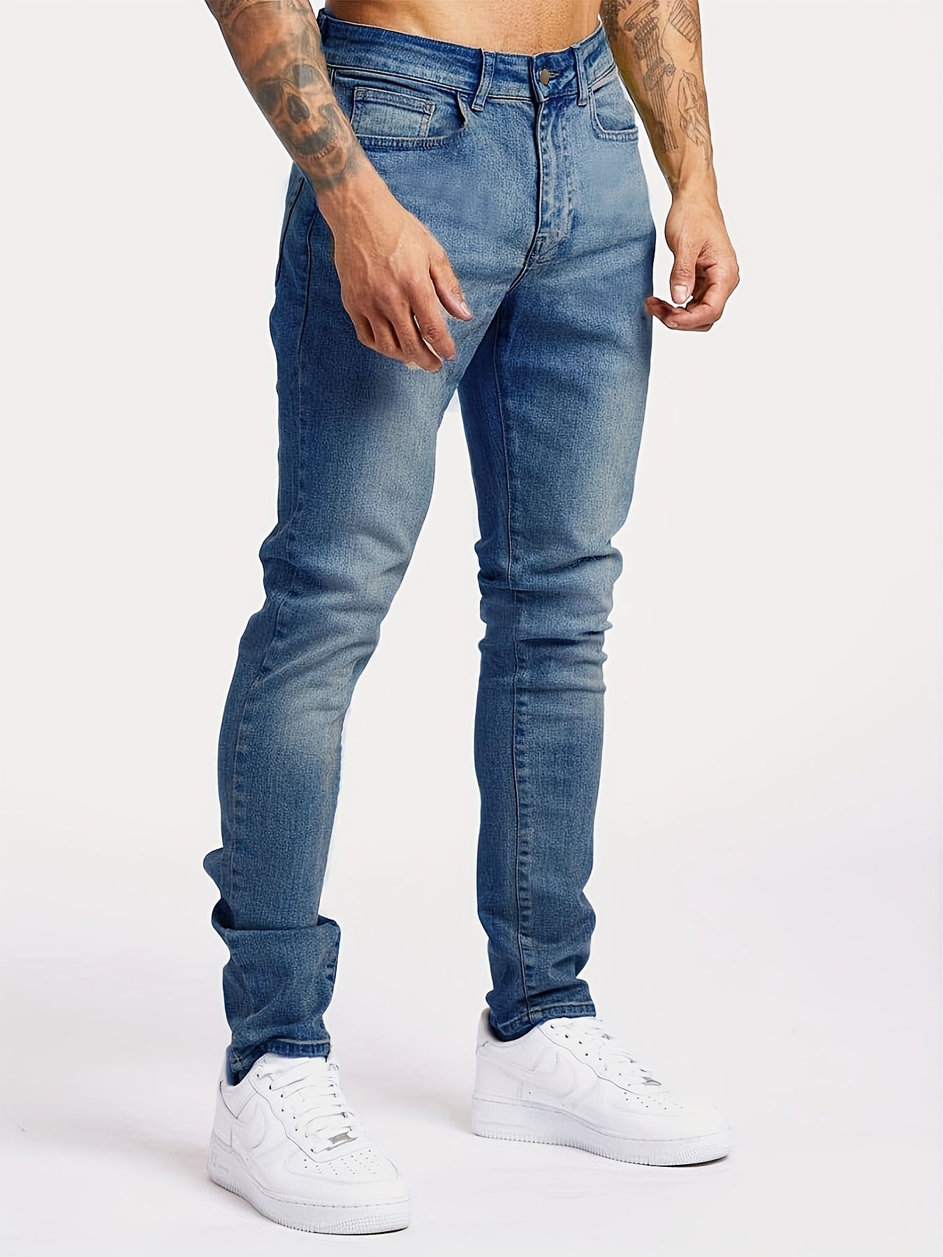 Maxct  Slim Fit Jeans, Men's Casual Street Style Solid Color Mid Stretch Denim Pants For Spring Summer