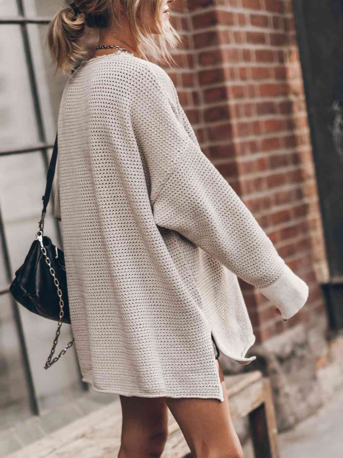 Maxct &Openwork Round Neck Long Sleeve Slit Sweater
