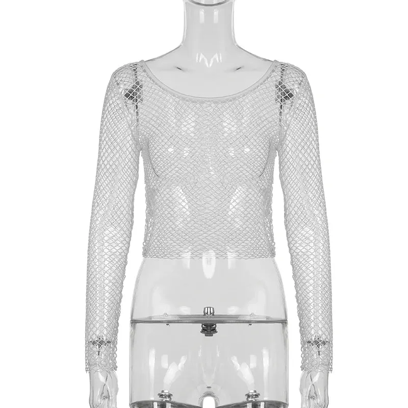 Maxct Harajuku Hollow Out See Through Crop Top Gothic Fishnet Mesh T-Shirts Grunge Mall Goth Women Summer Beach Cover-ups