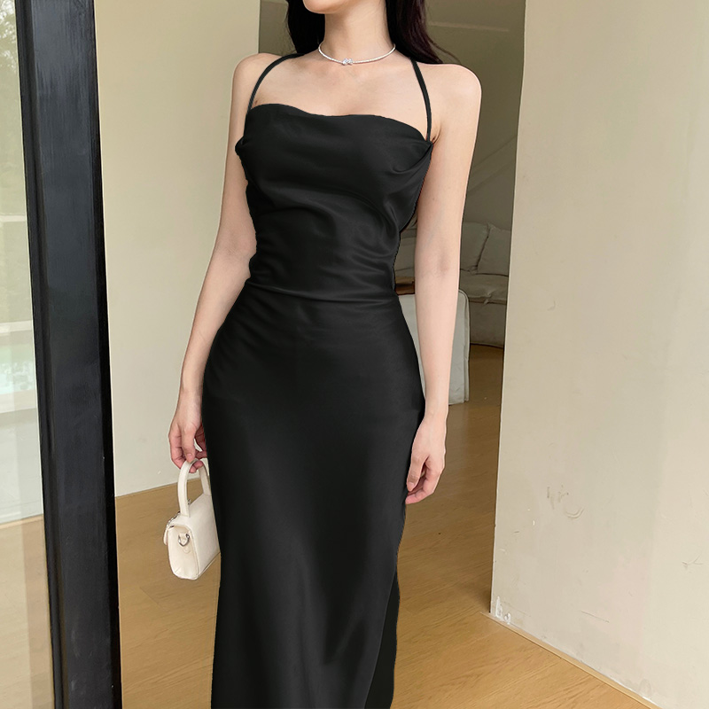 French Elegant Satin Camis Dress Backless Spaghetti Straps Midi Dress Y2K Solid Sleeveless Party Night Vestidos