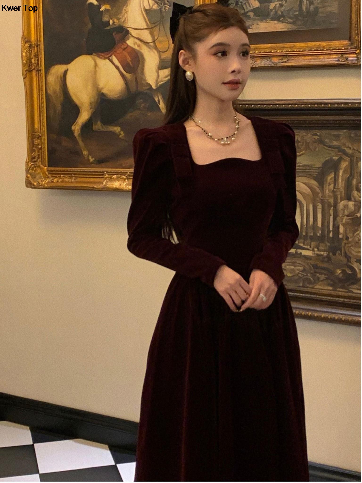 Maxct Winter Vintage Christmas Red Velvet Dress French Elegant Square Collar Evening Party Prom Vestidos Women Clothes