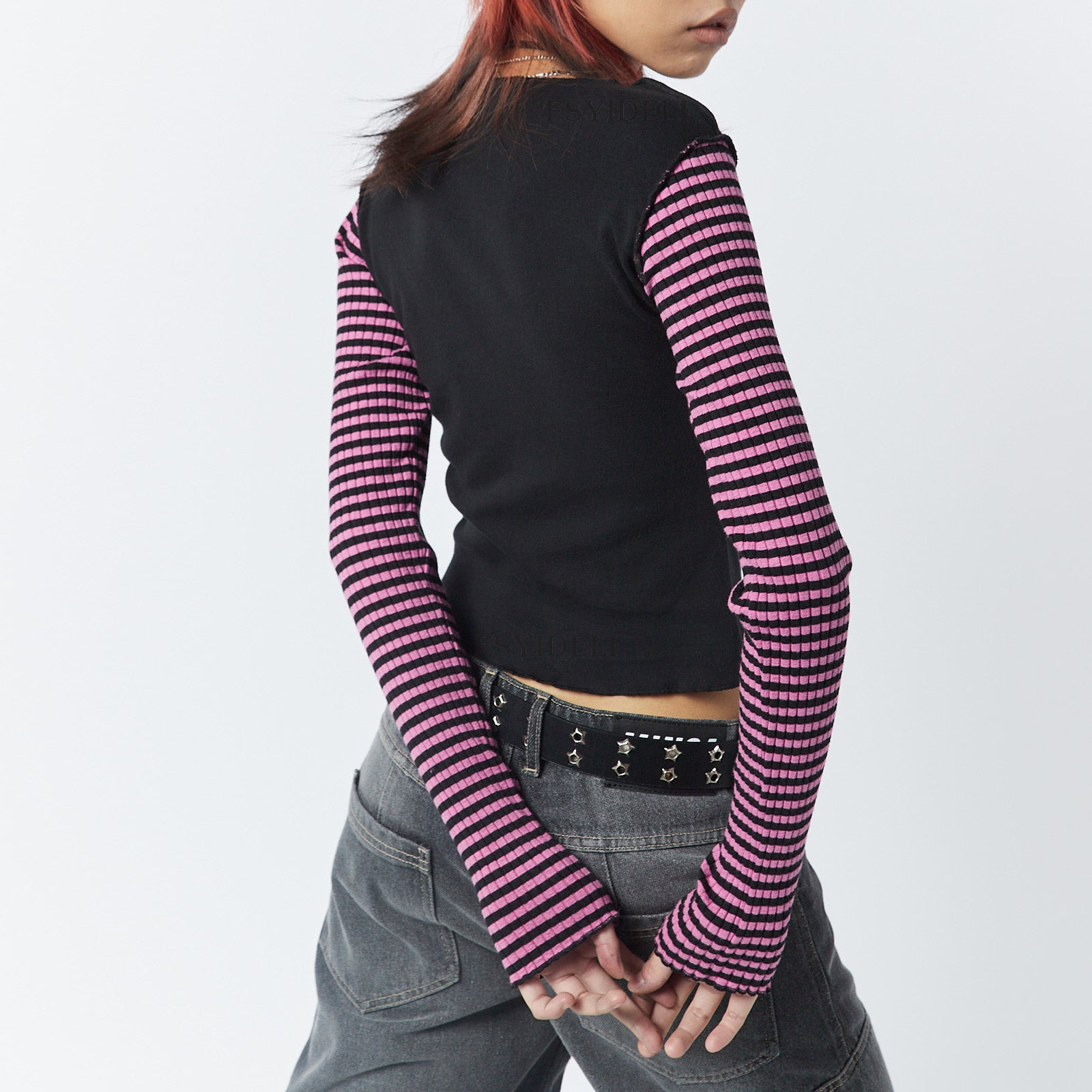 Maxct 90s streetwear Y2K Star Striped Sweet Cool Women's Long Sleeve Striped Stitching T-shirt Five-Pointed Star Embroidered Casual Top 3324