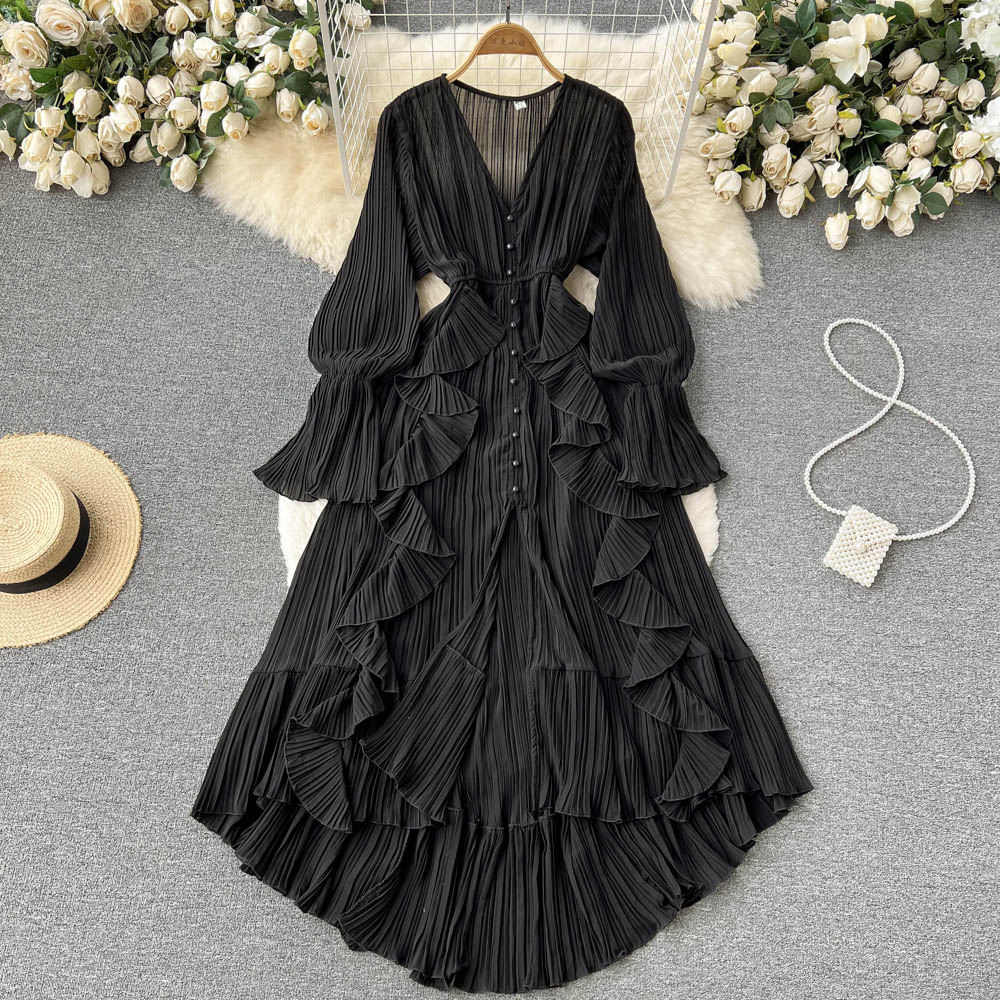 Chiffon Pleated Long Dress Women Vintage V-Neck Flare Sleeve Draped Ruffle Vestido Female Maxi Robe Spring Fall 1215-1