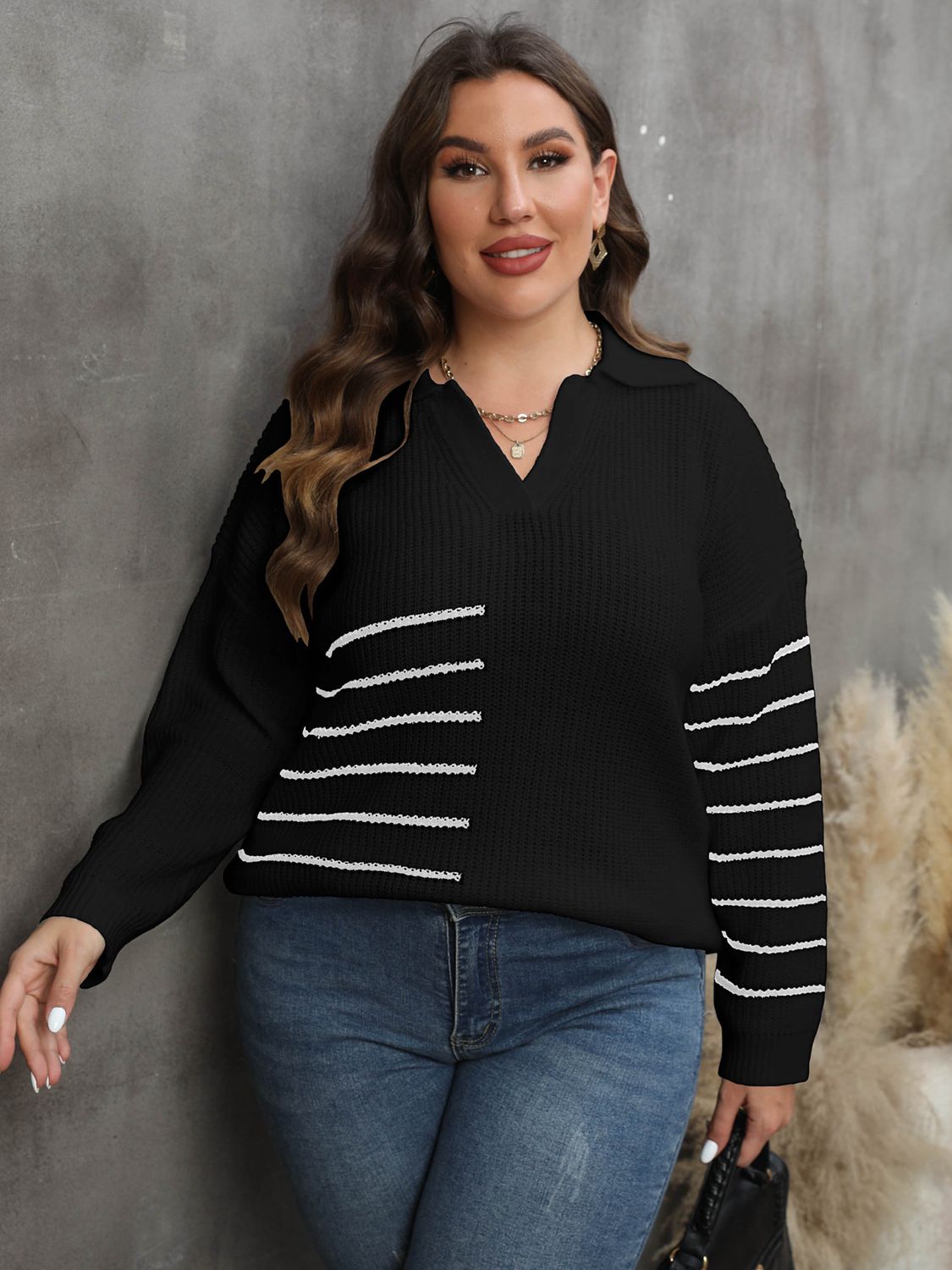 Maxct &Plus Size Striped V-Neck Sweater