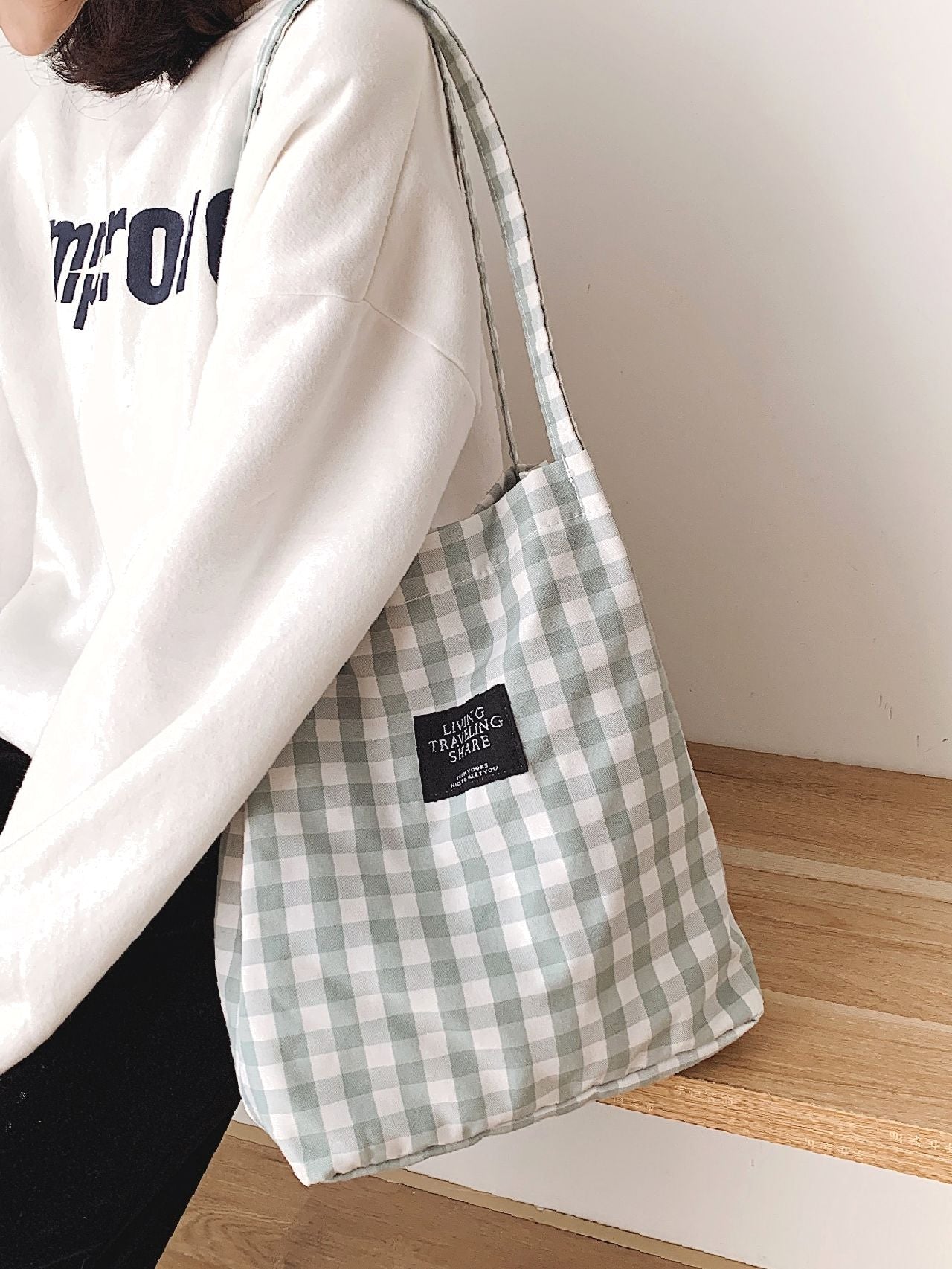 Maxct - Letter Patch Gingham Shopper Bag  - Women Tote Bags