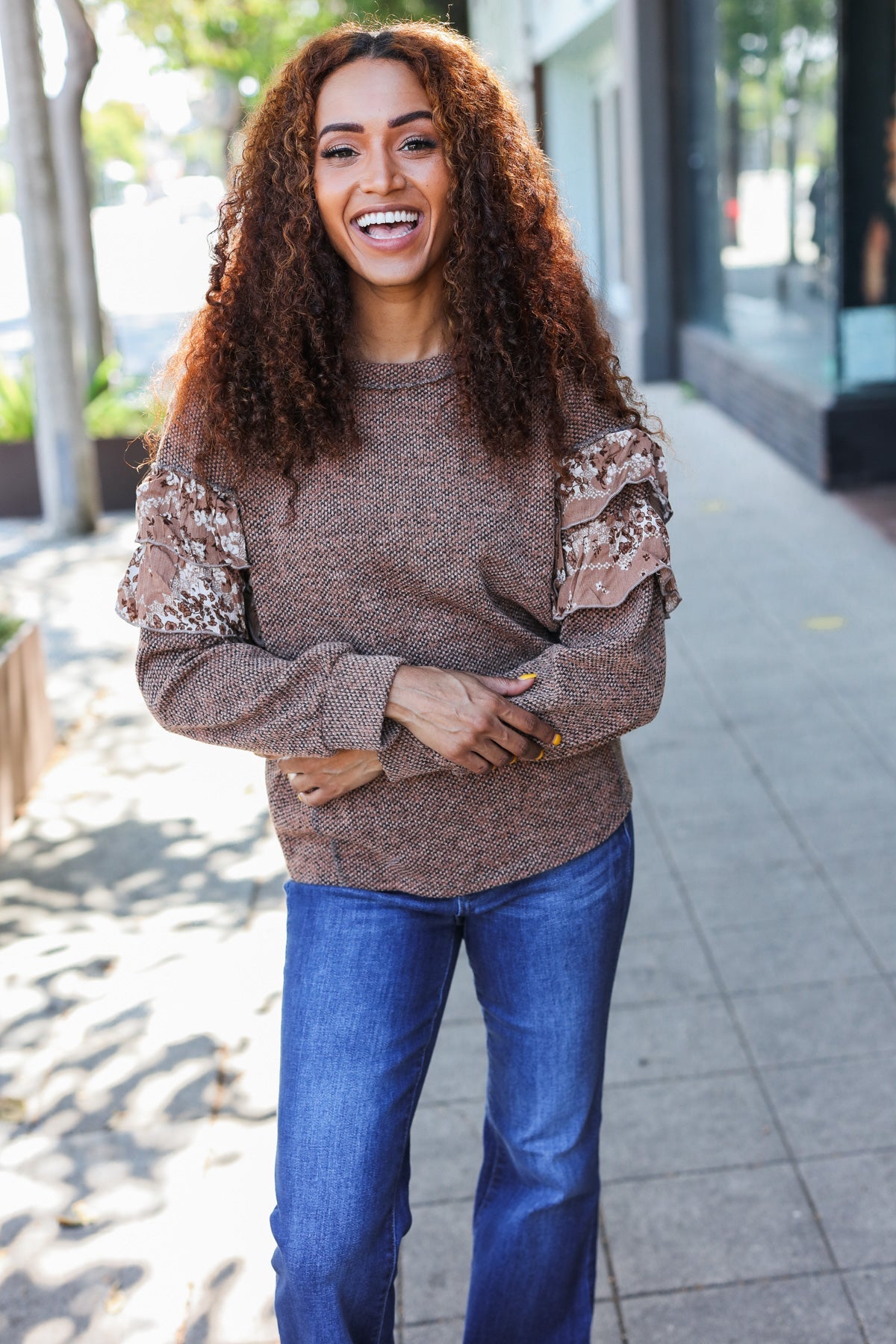 Maxct &Fall Diva Brown Two Tone Knit Floral Print Frill Detail Sweater