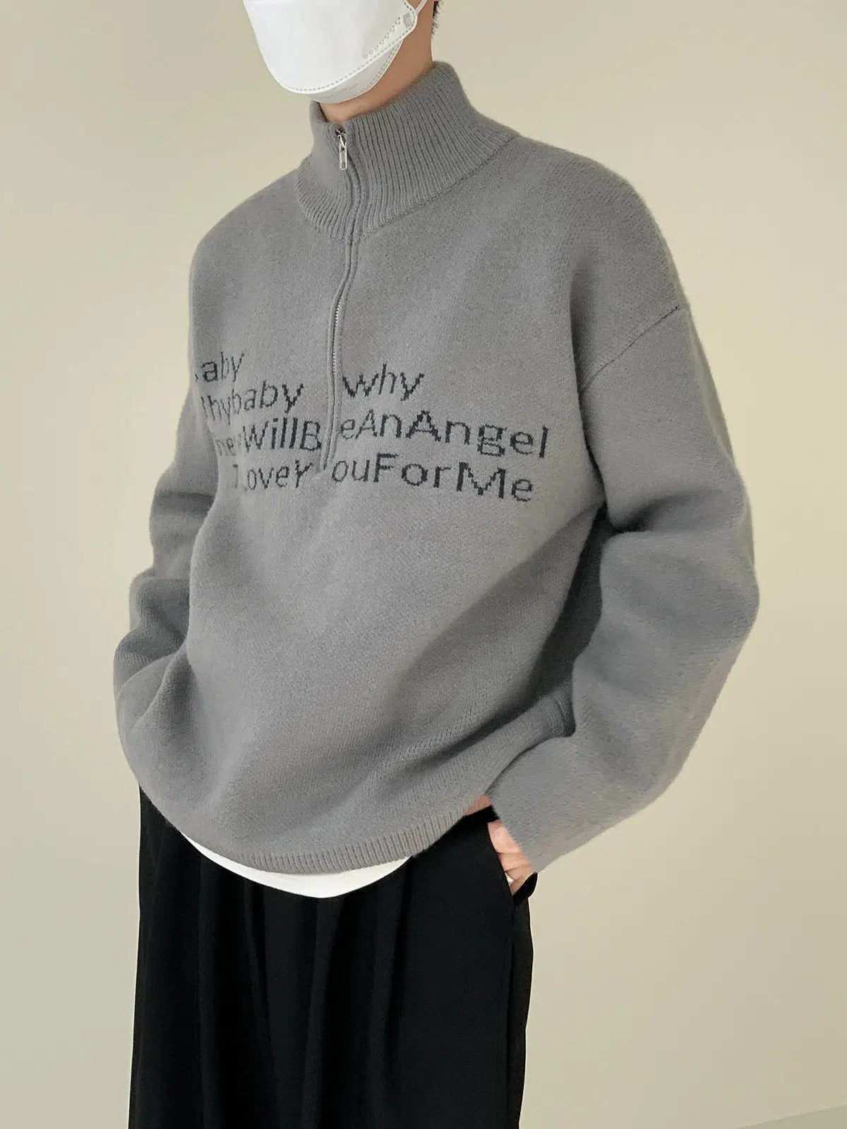 Maxct Text Print Stand Collar Sweater