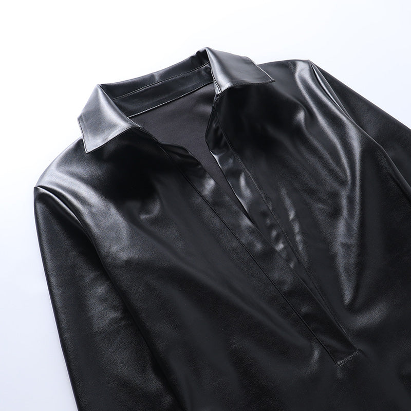 Voguable  Pu Leather Deep V Neck Long Sleeve Loose Mini Dress Winter Casual Streetwear Outfits Club Y2K Maxct
