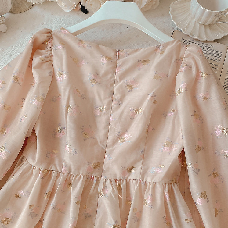 Puff Sleeve Bow Floral Jacquard Dress Maxct