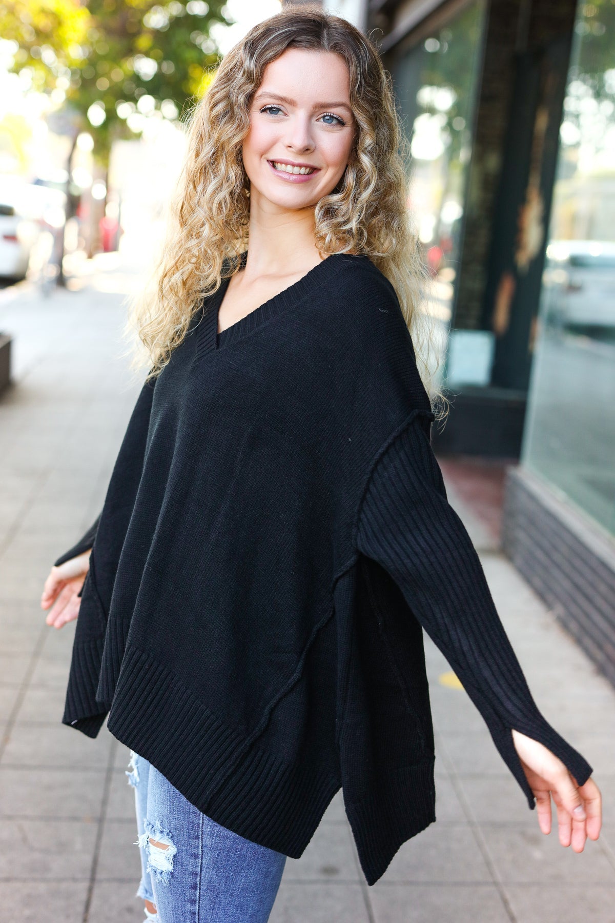 Maxct &Casual Chic Black Oversized V Neck Rib Knit Sweater